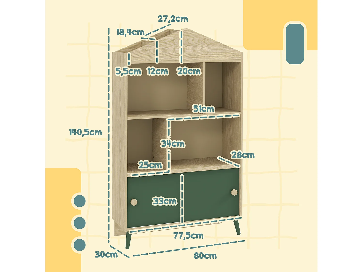 Bibliothèque enfant design maisonnette nordique - 2 portes coulissantes, 4 niches, 4 compartiments - aspect bois vert