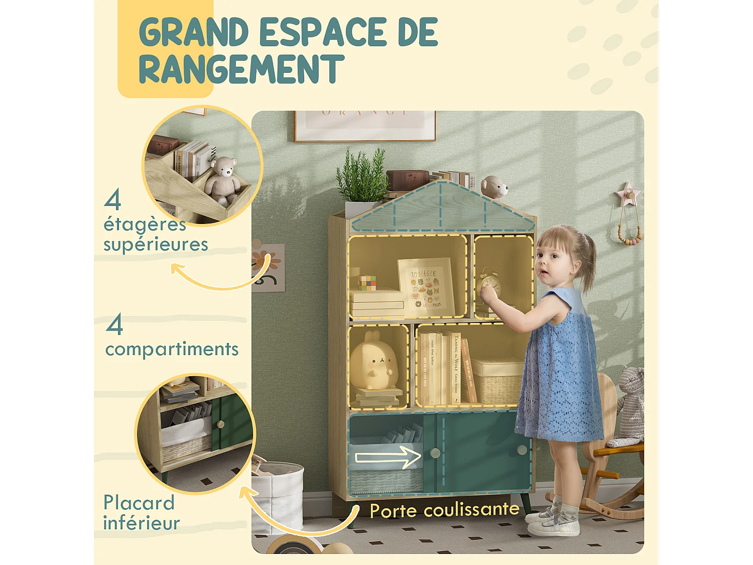 Bibliothèque enfant design maisonnette nordique - 2 portes coulissantes, 4 niches, 4 compartiments - aspect bois vert