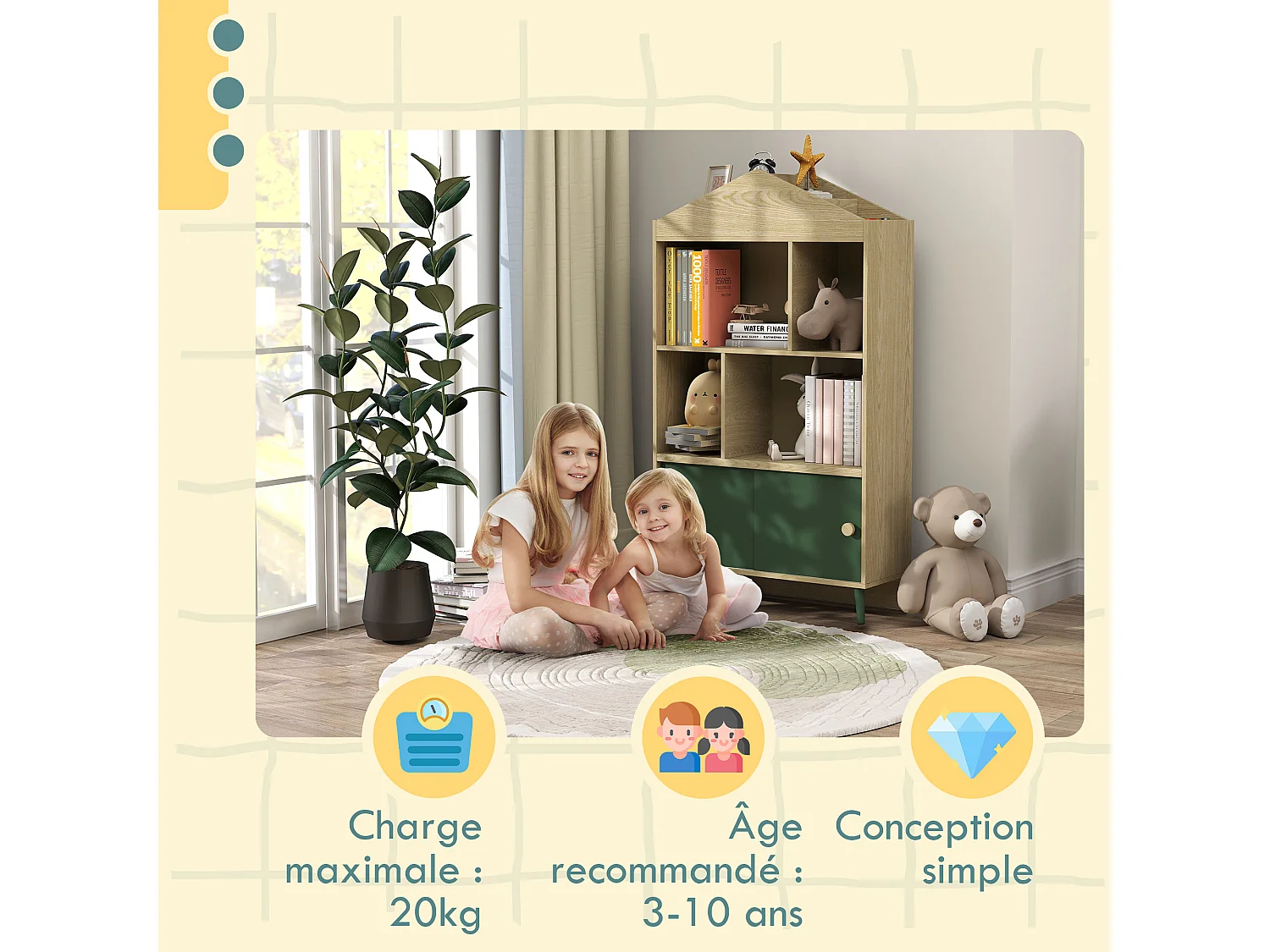 Bibliothèque enfant design maisonnette nordique - 2 portes coulissantes, 4 niches, 4 compartiments - aspect bois vert