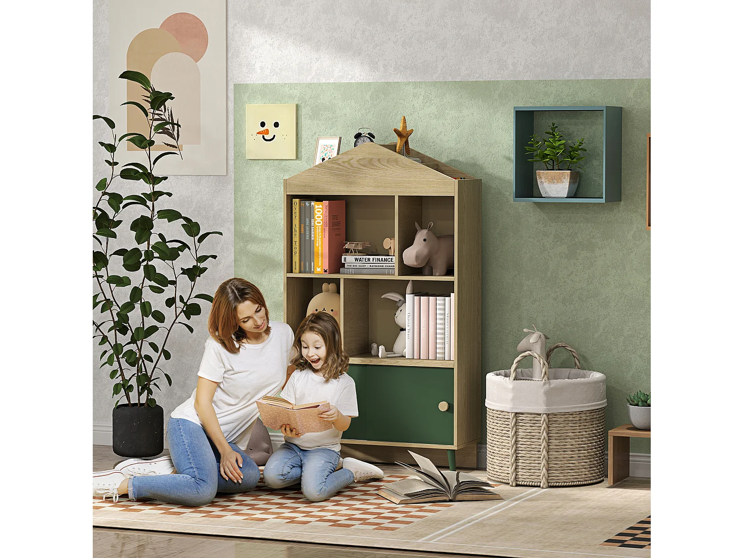 Bibliothèque enfant design maisonnette nordique - 2 portes coulissantes, 4 niches, 4 compartiments - aspect bois vert