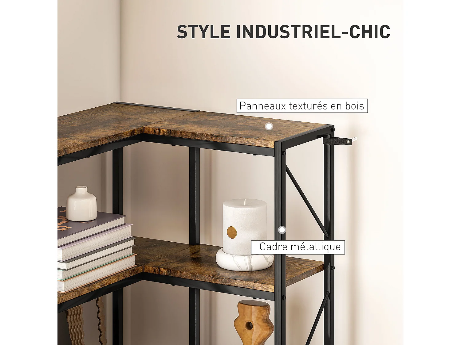 Bibliothèque d'angle 6 étagères design industriel dim. 60 x 60 x 198 cm acier noir effet bois vieilli