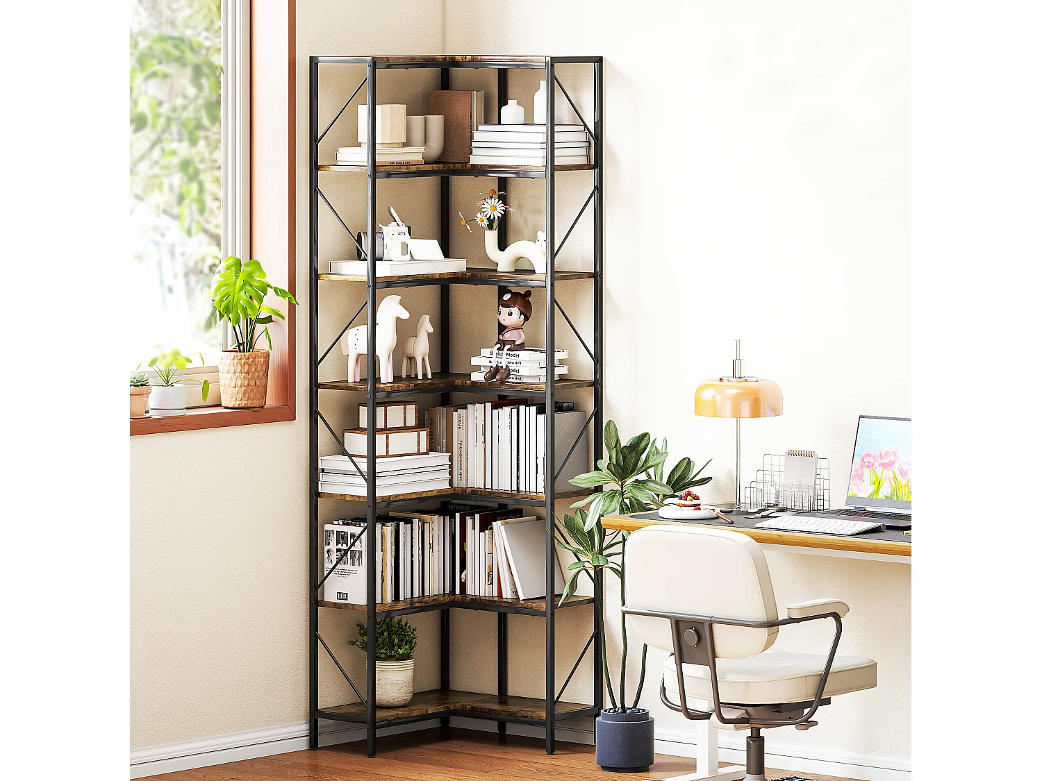 Bibliothèque d'angle 6 étagères design industriel dim. 60 x 60 x 198 cm acier noir effet bois vieilli