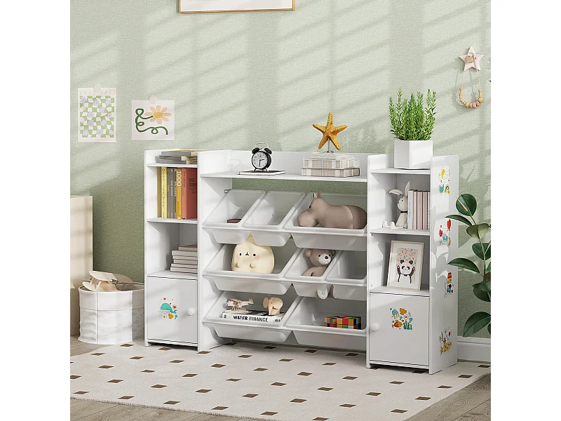 Bibliothèque enfant - rangement à bacs posés x 8 - 4 niches, 3 étagères, 2 portes - blanc