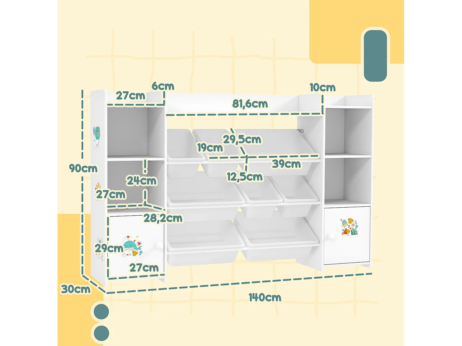 Bibliothèque enfant - rangement à bacs posés x 8 - 4 niches, 3 étagères, 2 portes - blanc