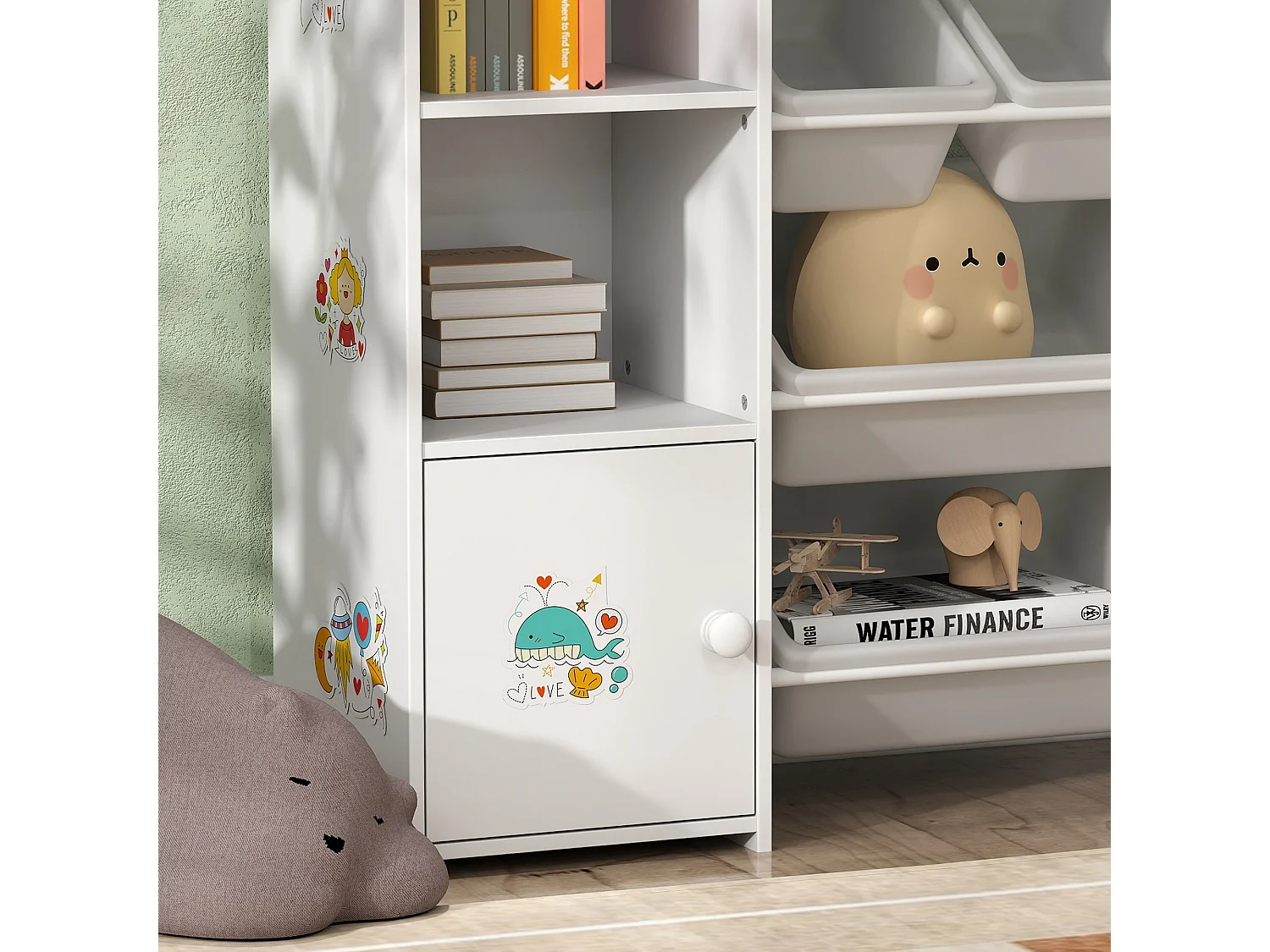 Bibliothèque enfant - rangement à bacs posés x 8 - 4 niches, 3 étagères, 2 portes - blanc