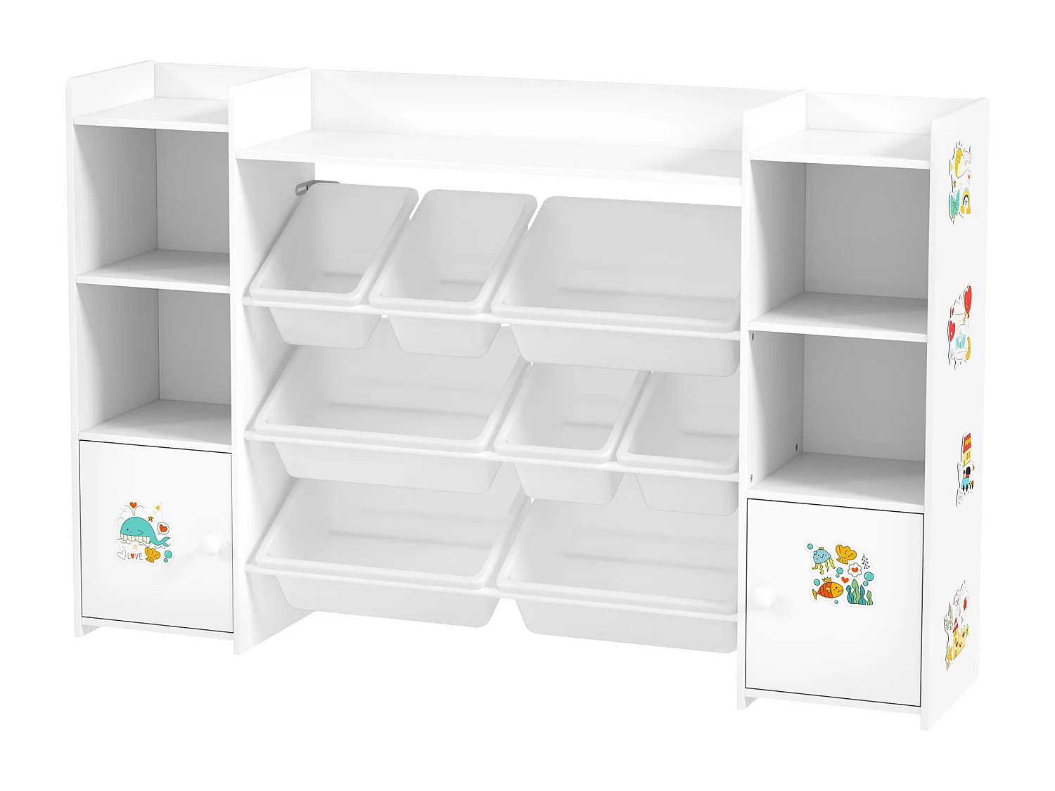 Bibliothèque enfant - rangement à bacs posés x 8 - 4 niches, 3 étagères, 2 portes - blanc