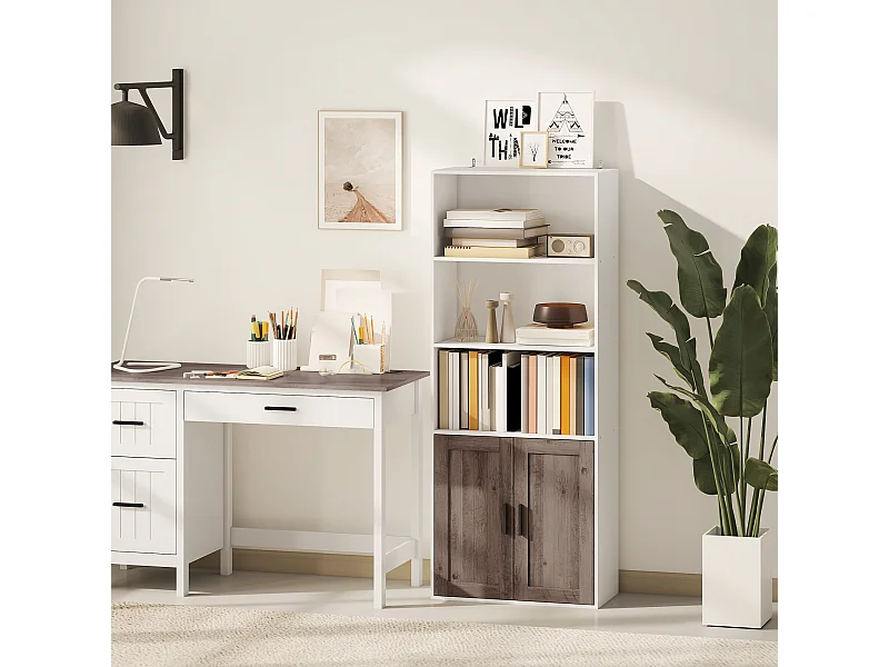 Bibliothèque meuble de rangement étagère à livres 5 niveaux avec compartiments ouverts et 1 placard, cadre en bois, pour salon, bureau, salle à manger, blanc