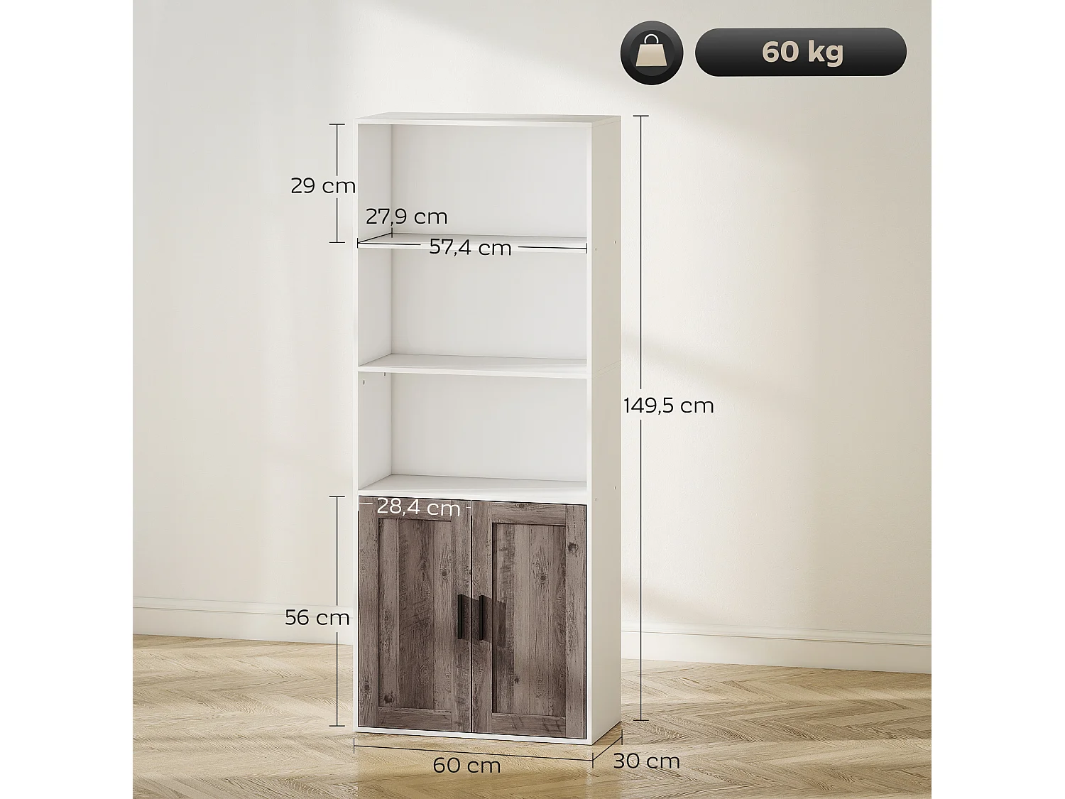 Bibliothèque meuble de rangement étagère à livres 5 niveaux avec compartiments ouverts et 1 placard, cadre en bois, pour salon, bureau, salle à manger, blanc