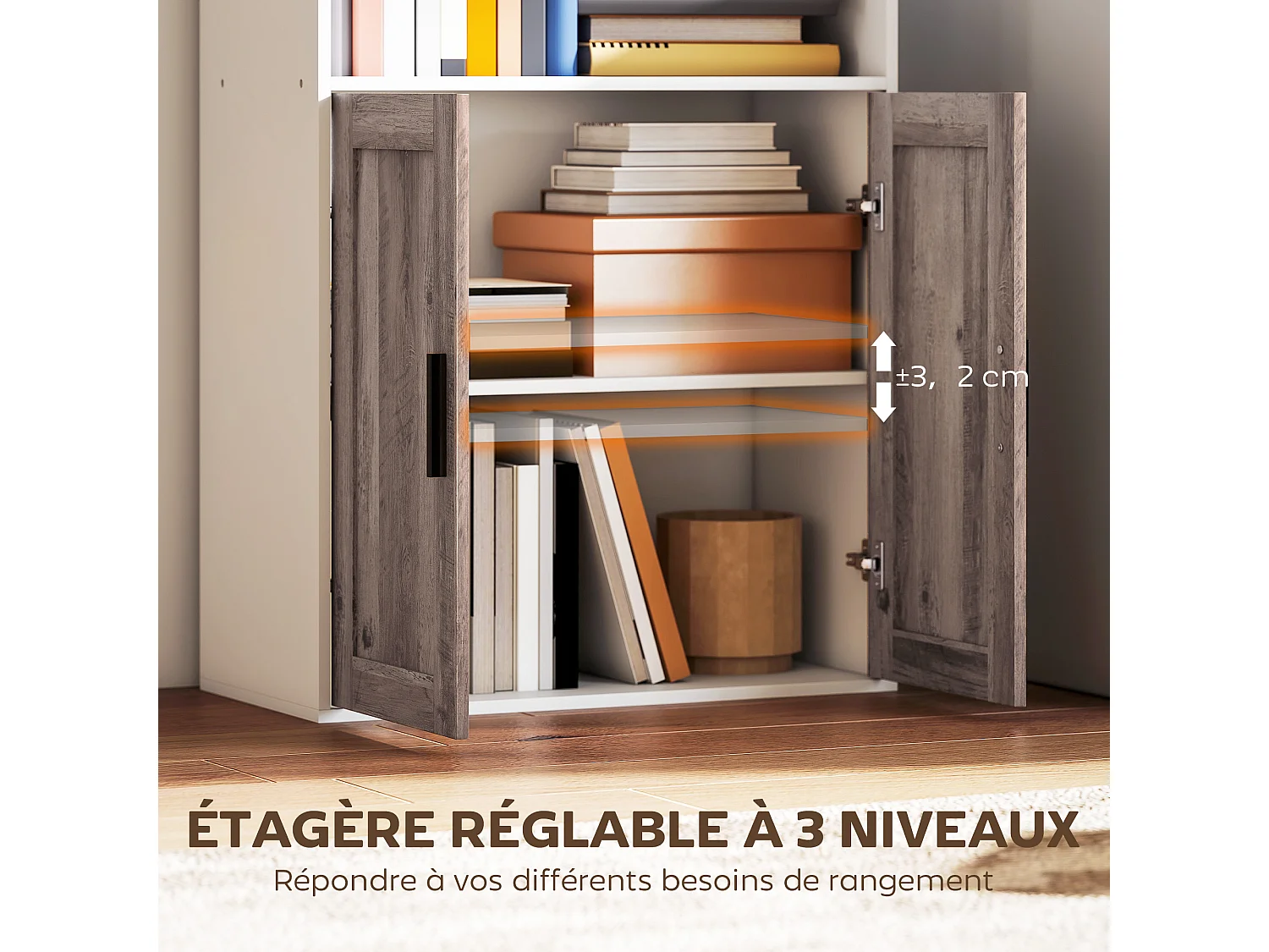 Bibliothèque meuble de rangement étagère à livres 5 niveaux avec compartiments ouverts et 1 placard, cadre en bois, pour salon, bureau, salle à manger, blanc
