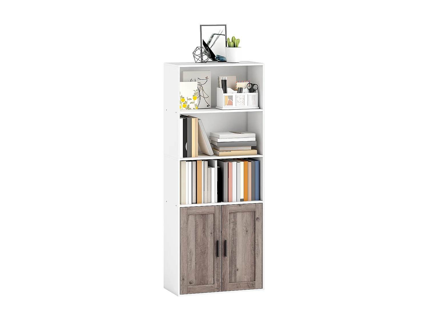 Bibliothèque meuble de rangement étagère à livres 5 niveaux avec compartiments ouverts et 1 placard, cadre en bois, pour salon, bureau, salle à manger, blanc