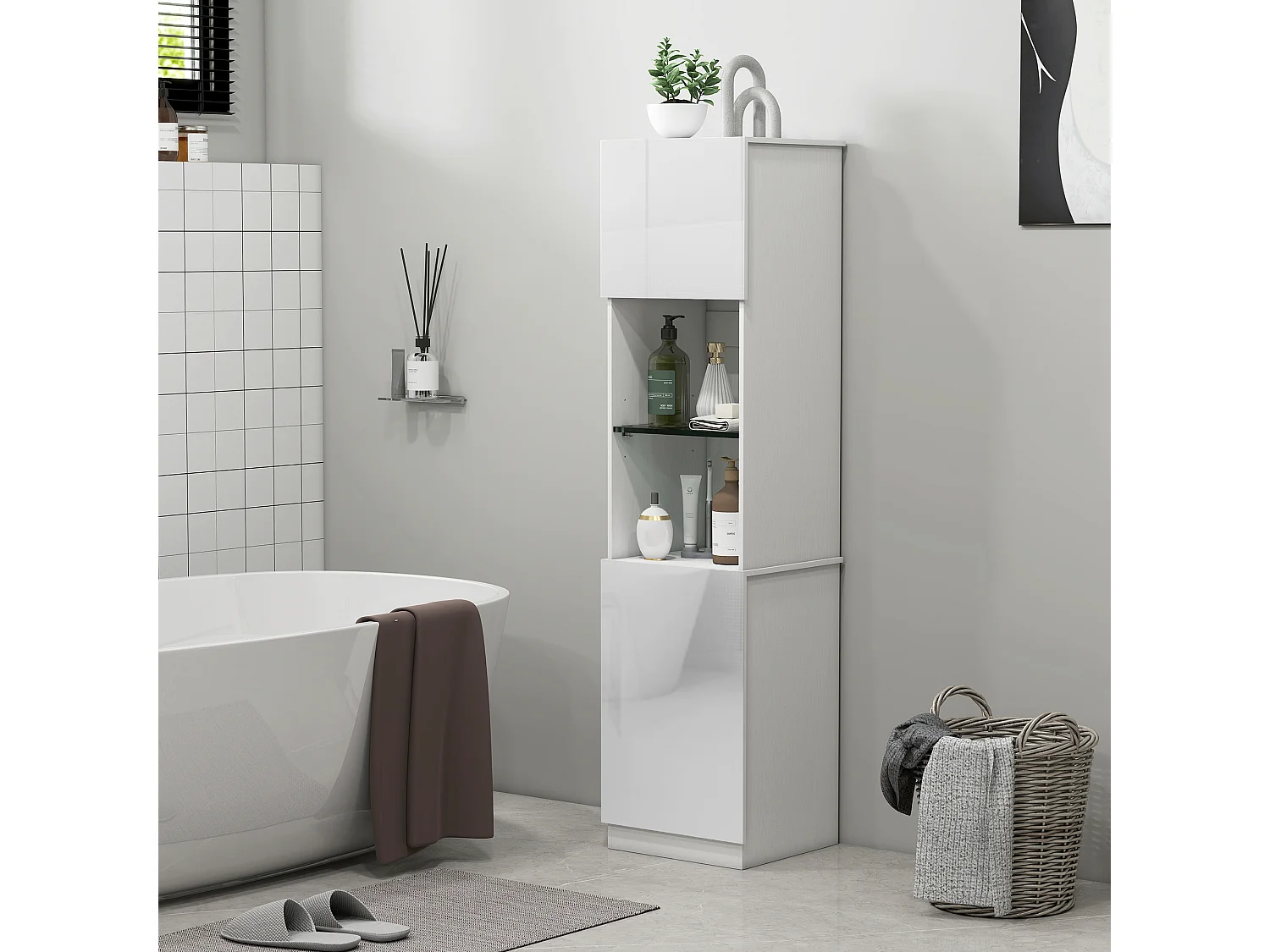 Bibliothèque colonne 2 portes 2 niches étagère verre trempé effet bois blanc