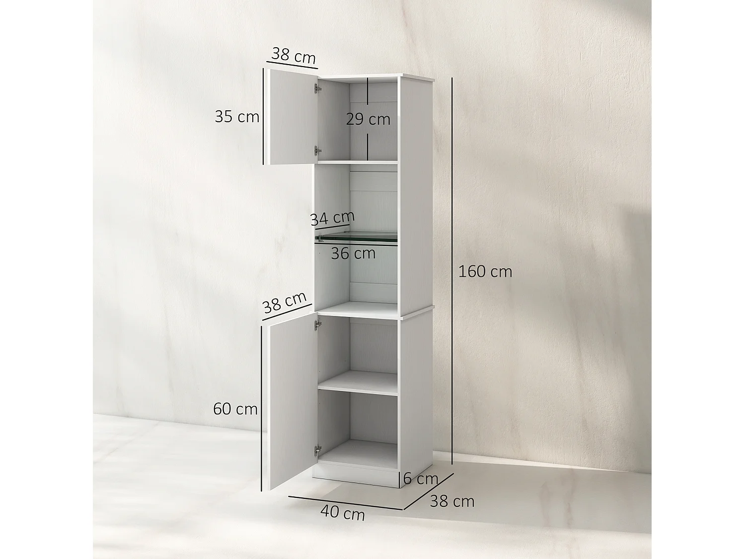 Bibliothèque colonne 2 portes 2 niches étagère verre trempé effet bois blanc
