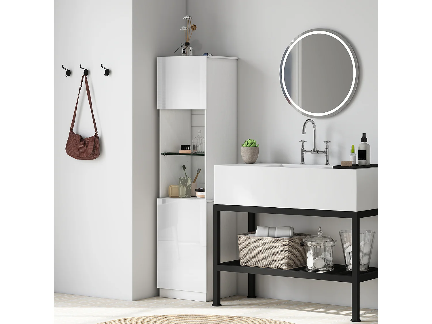 Bibliothèque colonne 2 portes 2 niches étagère verre trempé effet bois blanc