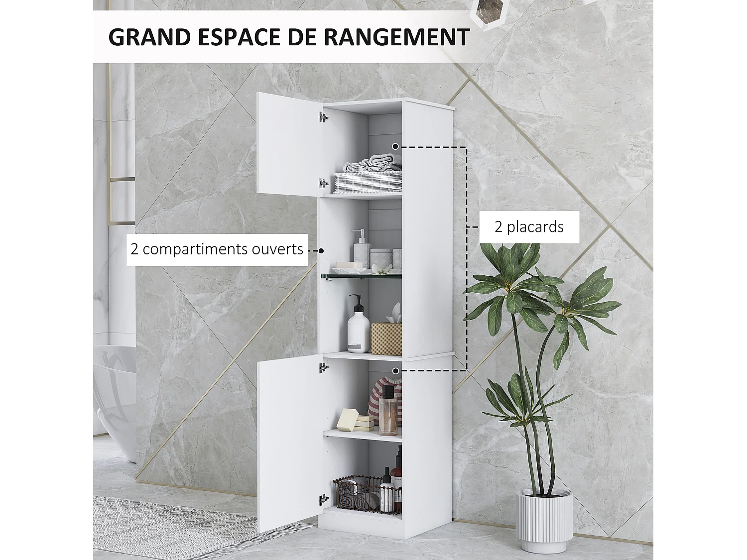 Bibliothèque colonne 2 portes 2 niches étagère verre trempé effet bois blanc