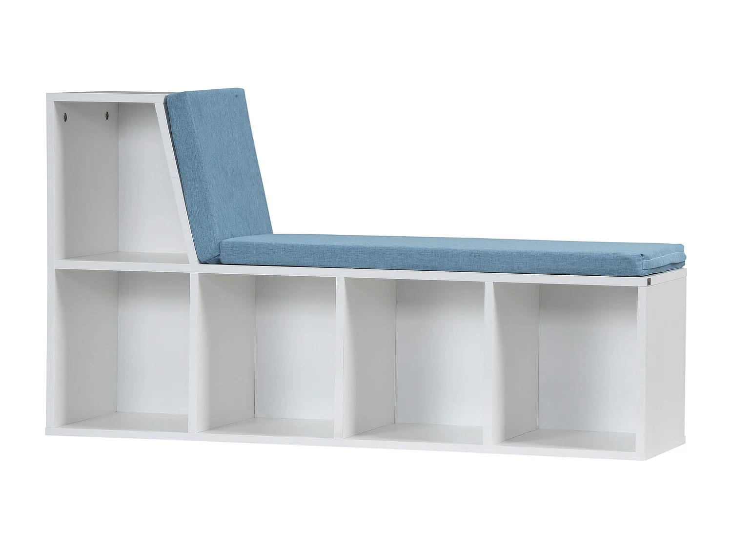 Bibliothèque banc 2 en 1 design contemporain 5 casiers 2 coussins fournis 108L x 30l x 60H cm blanc bleu chiné