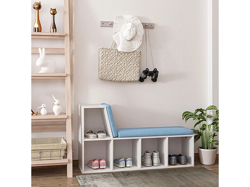 Bibliothèque banc 2 en 1 design contemporain 5 casiers 2 coussins fournis 108L x 30l x 60H cm blanc bleu chiné