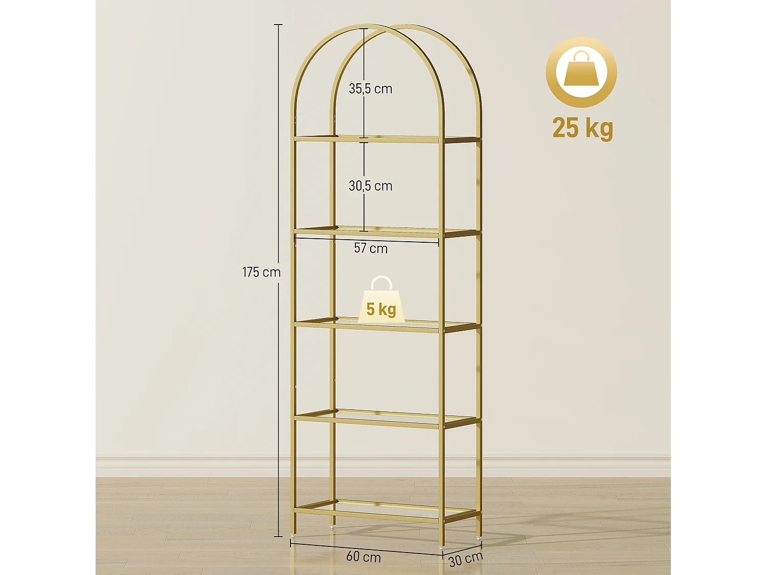 Bibliothèque design art déco structure métal doré étagères verre trempé dim. 60 x 30 x 175 cm