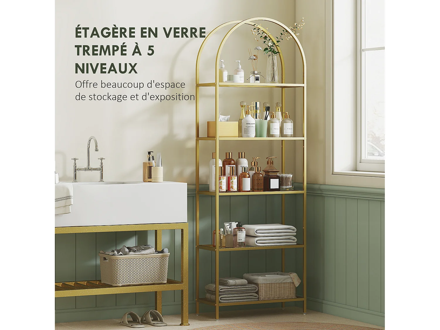 Bibliothèque design art déco structure métal doré étagères verre trempé dim. 60 x 30 x 175 cm