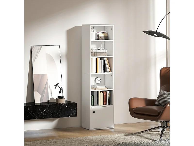 Bibliothèque étagère colonne H.156cm une porte 5 niches blanc