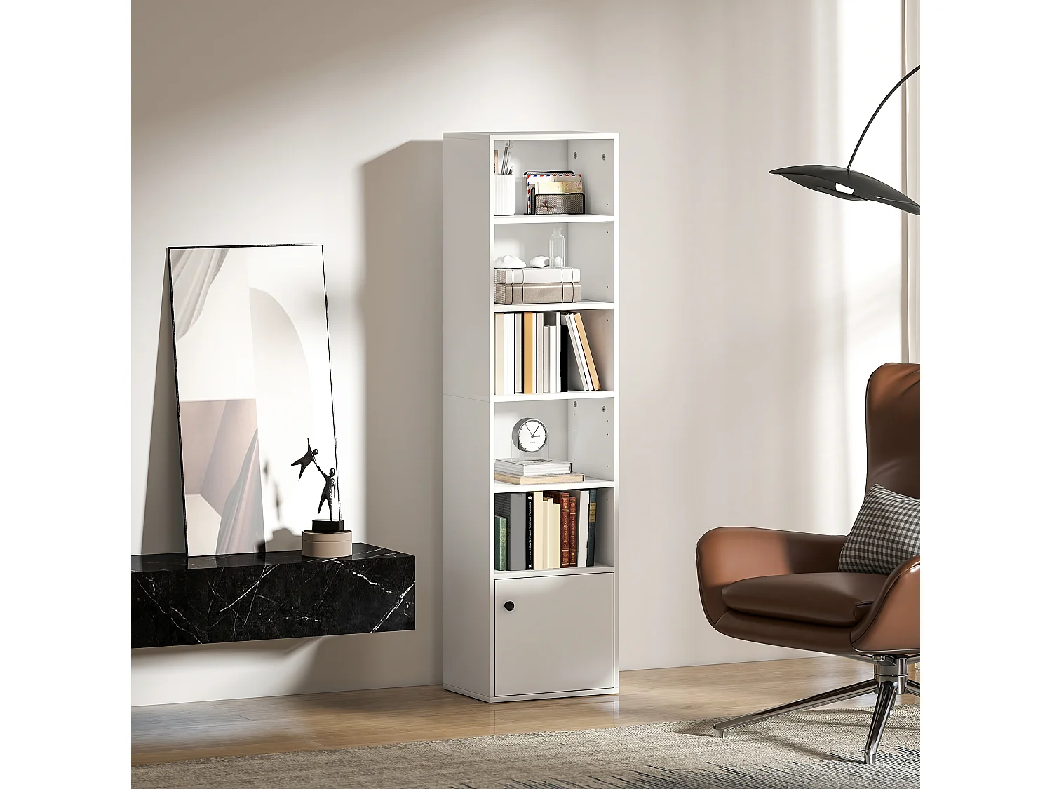 Bibliothèque étagère colonne H.156cm une porte 5 niches blanc