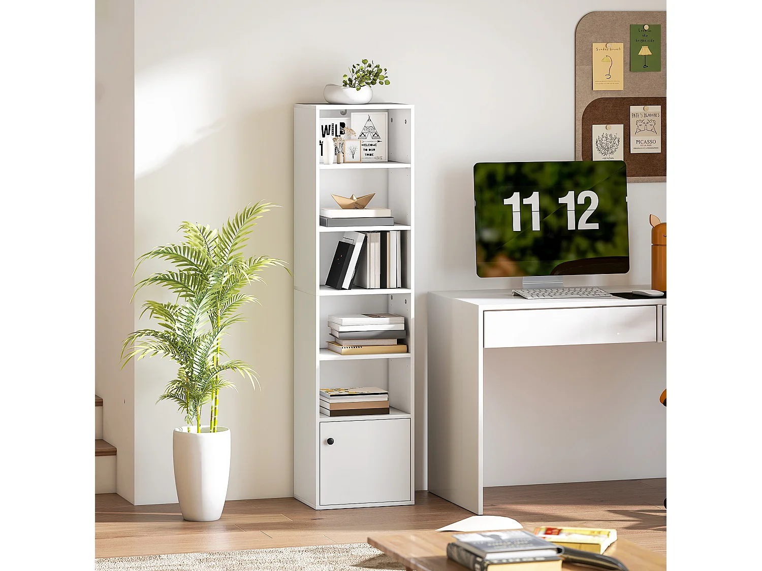 Bibliothèque étagère colonne H.156cm une porte 5 niches blanc