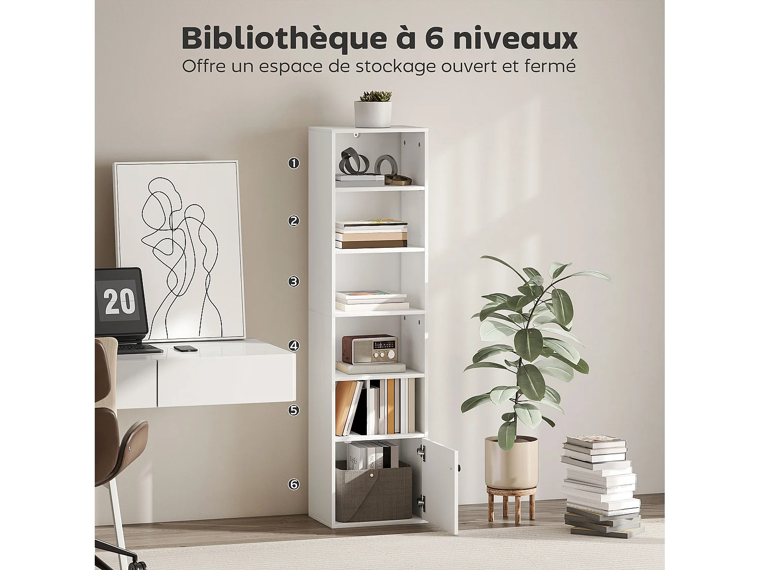 Bibliothèque étagère colonne H.156cm une porte 5 niches blanc