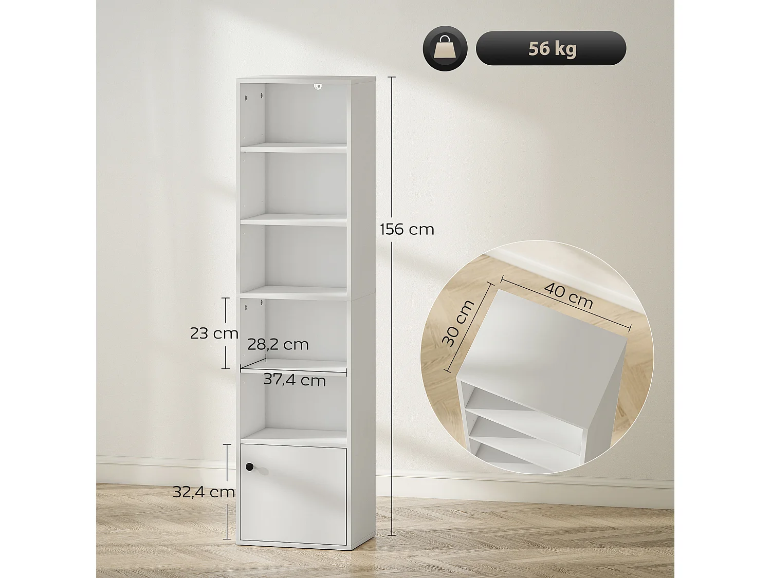 Bibliothèque étagère colonne H.156cm une porte 5 niches blanc