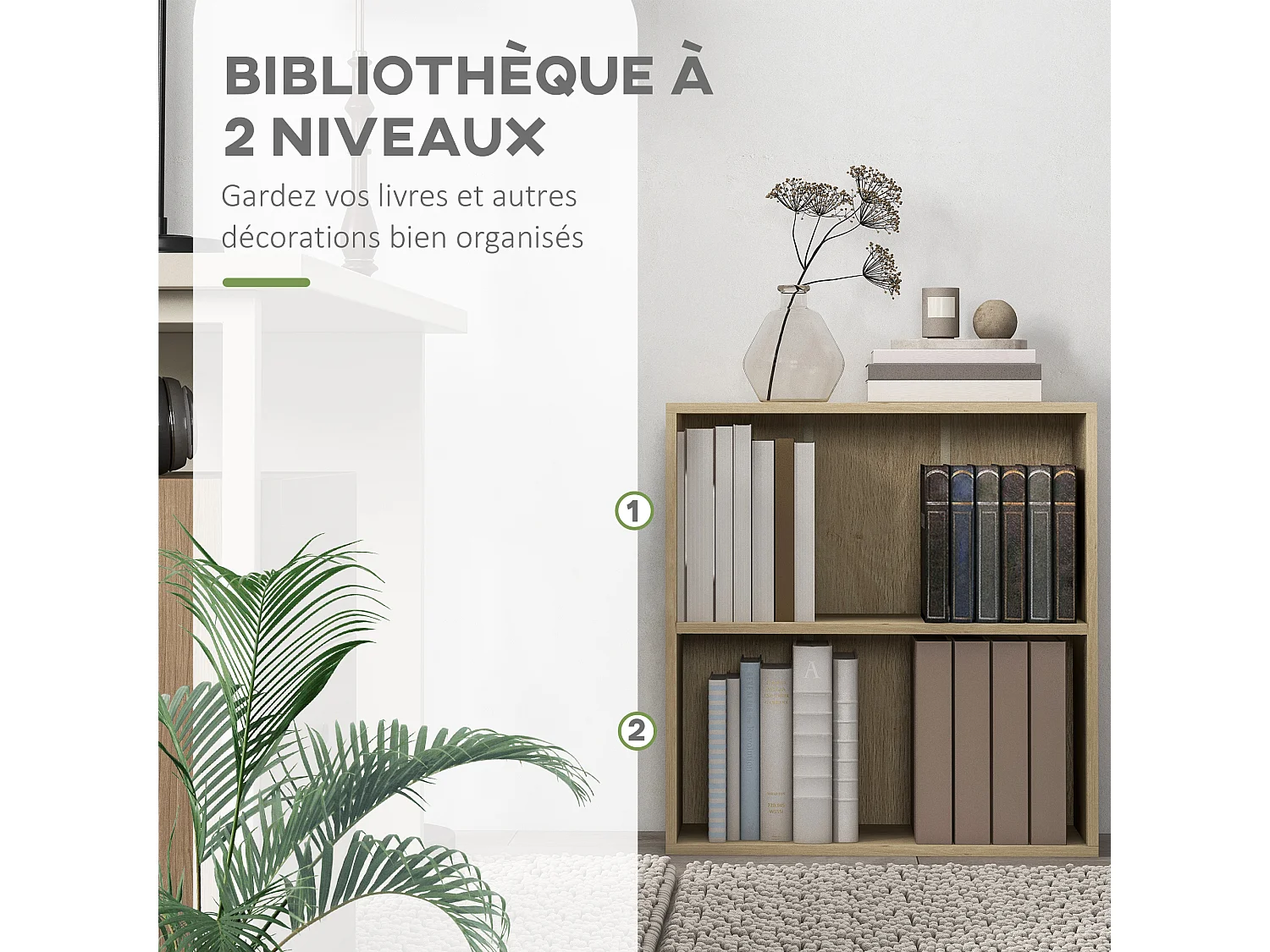 Bibliothèque cube - cube de rangement 2 compartiments - dim. 60 x 24 x 63 cm - effet bois clair