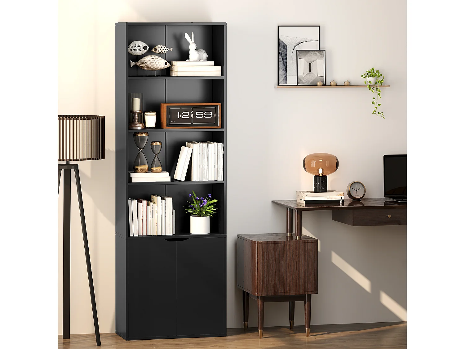 Bibliothèque 4 étagères armoire 2 portes dim. 59 x 29 x 180 cm noir