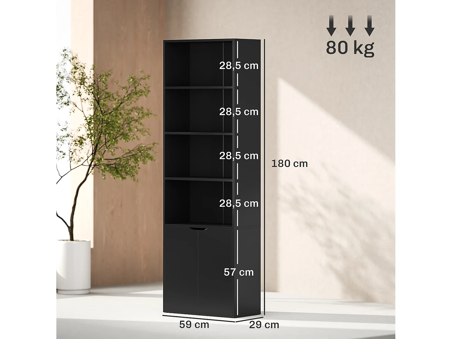 Bibliothèque 4 étagères armoire 2 portes dim. 59 x 29 x 180 cm noir