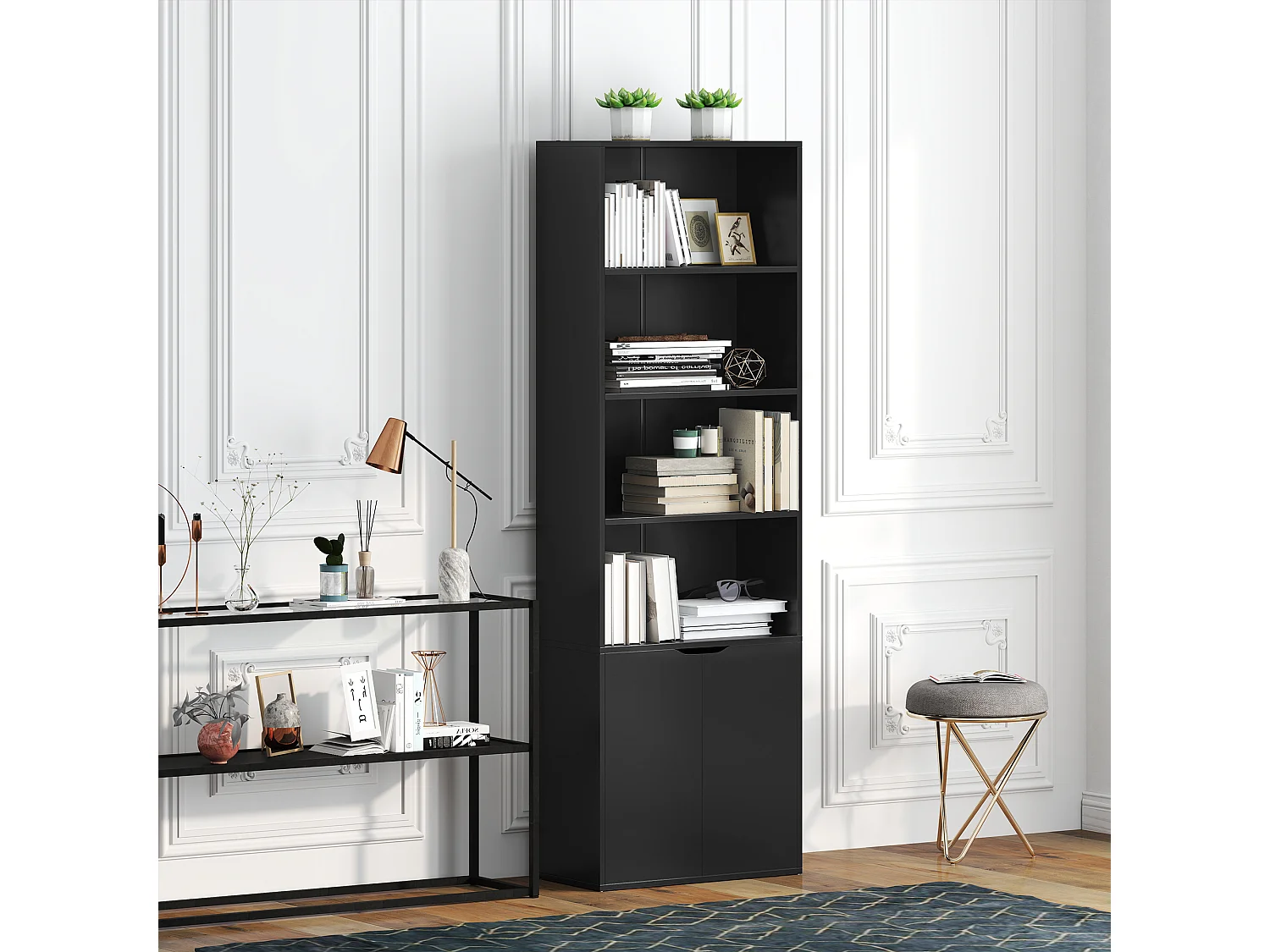 Bibliothèque 4 étagères armoire 2 portes dim. 59 x 29 x 180 cm noir
