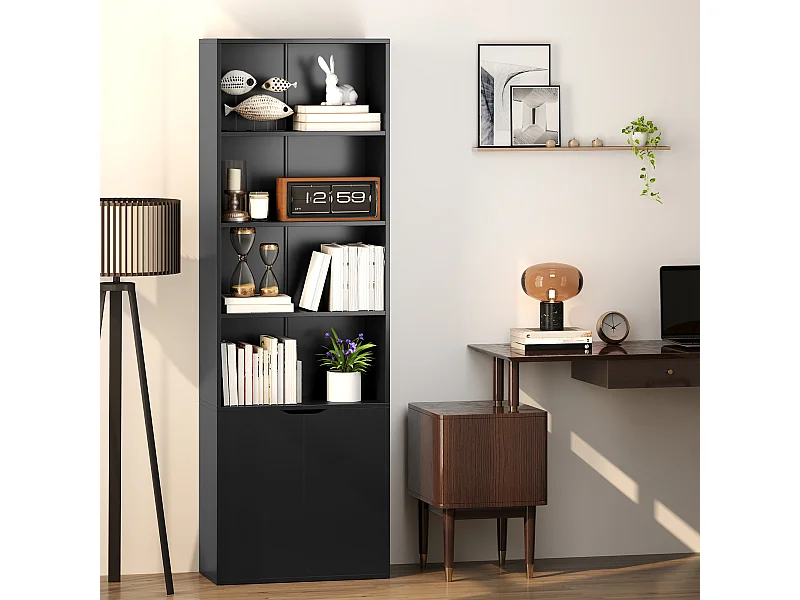 Bibliothèque 4 étagères armoire 2 portes dim. 59 x 29 x 180 cm noir