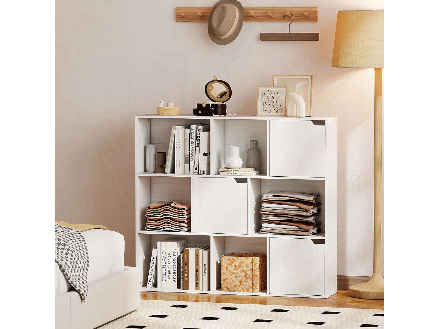 Etagère bibliothèque cubique - rangement cube 3 portes 6 niches - 106 x 24 x 95 cm - blanc