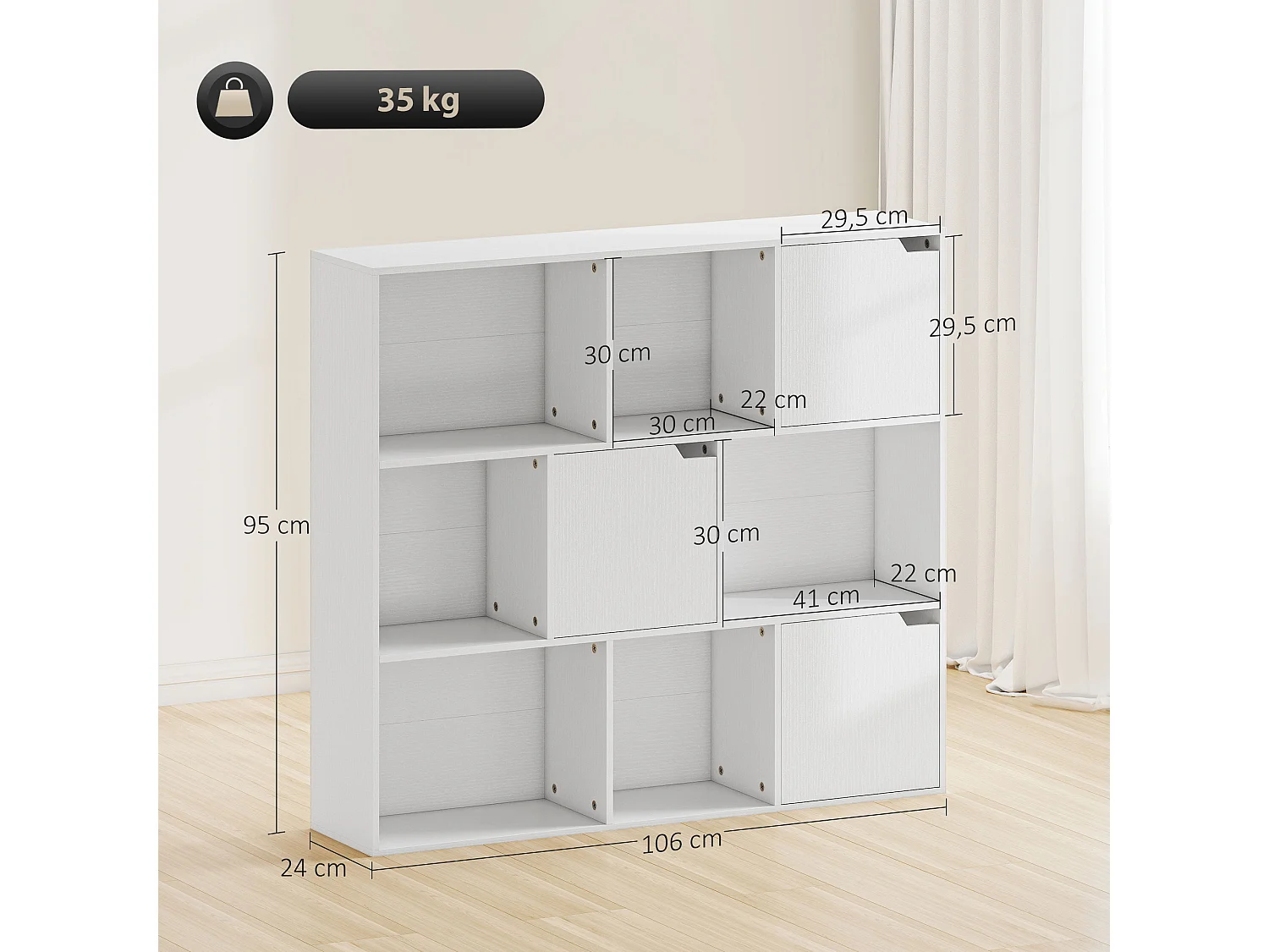 Etagère bibliothèque cubique - rangement cube 3 portes 6 niches - 106 x 24 x 95 cm - blanc