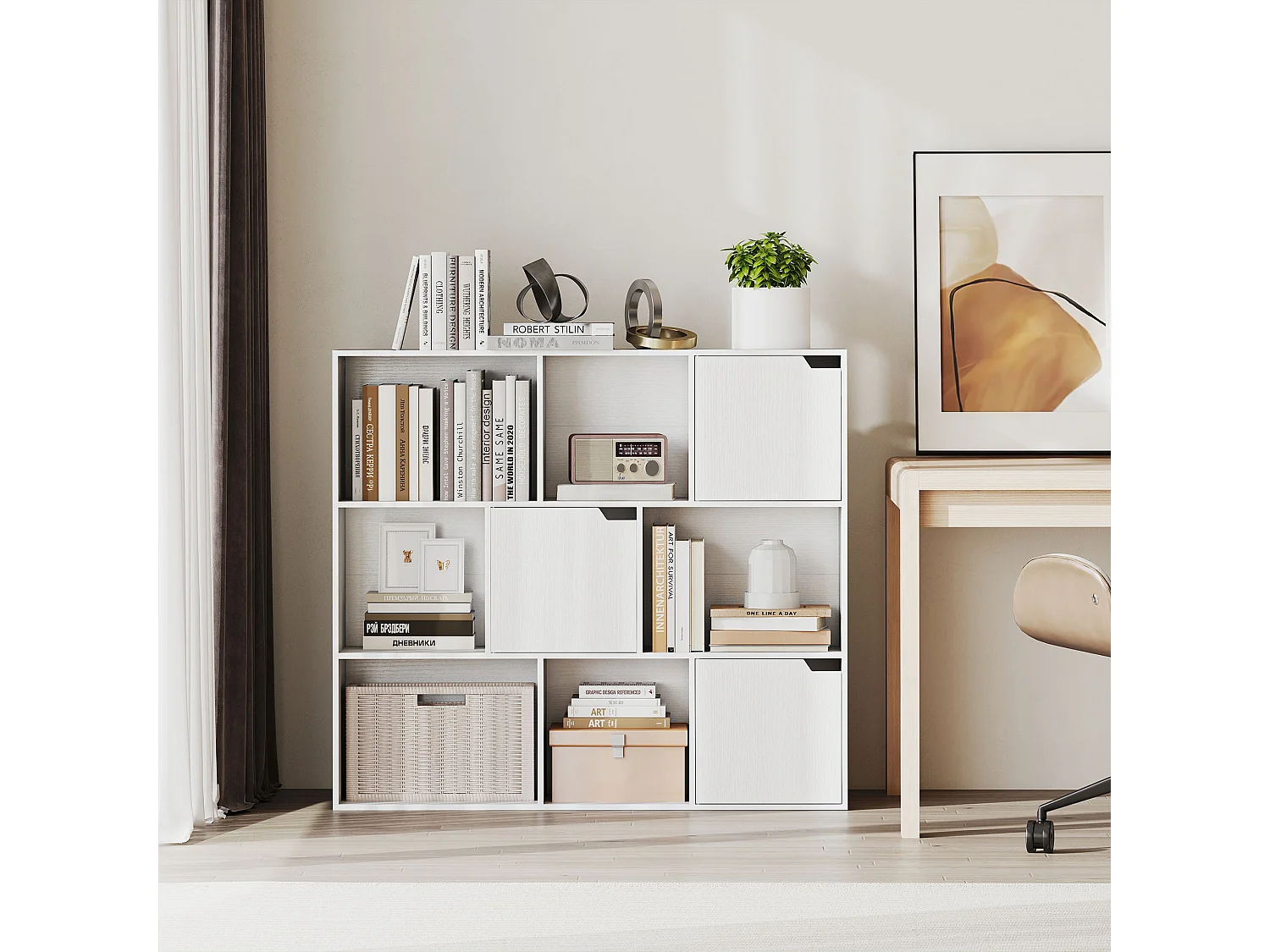 Etagère bibliothèque cubique - rangement cube 3 portes 6 niches - 106 x 24 x 95 cm - blanc