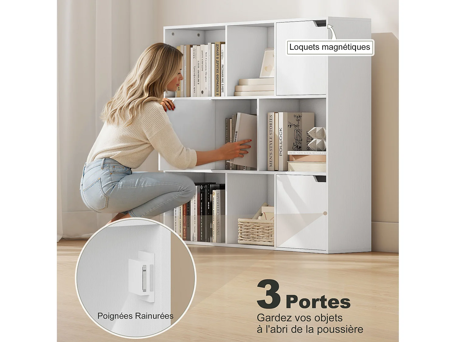 Etagère bibliothèque cubique - rangement cube 3 portes 6 niches - 106 x 24 x 95 cm - blanc