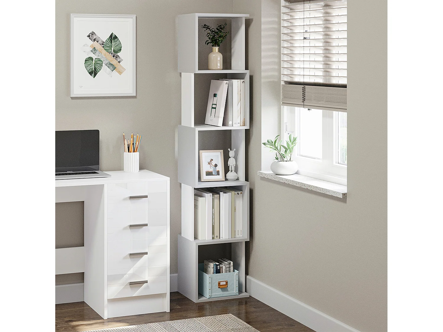 Bibliothèque étagère design zig zag 5 niveaux dim. 33 x 28 x 161 cm blanc gris clair