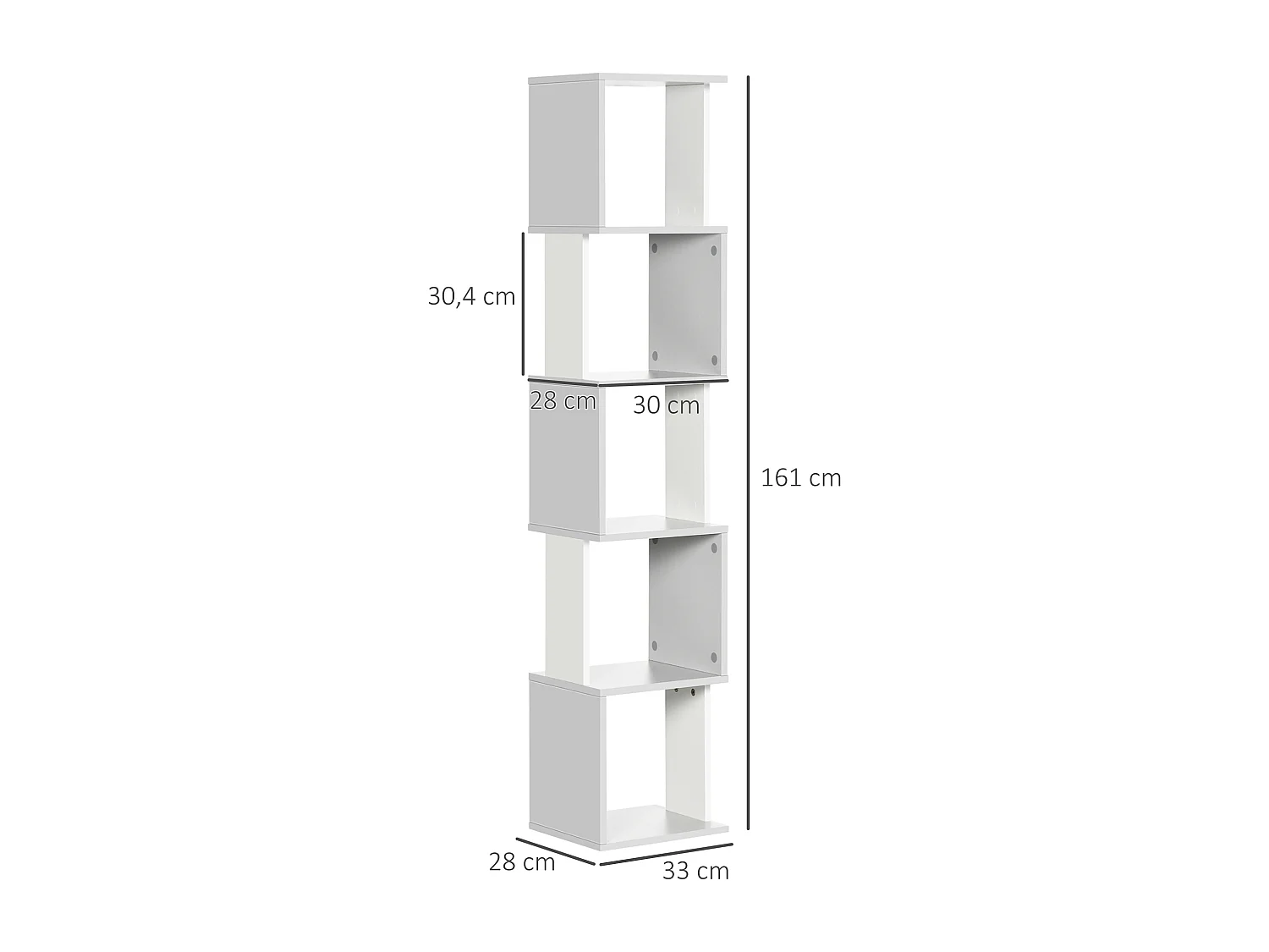 Bibliothèque étagère design zig zag 5 niveaux dim. 33 x 28 x 161 cm blanc gris clair