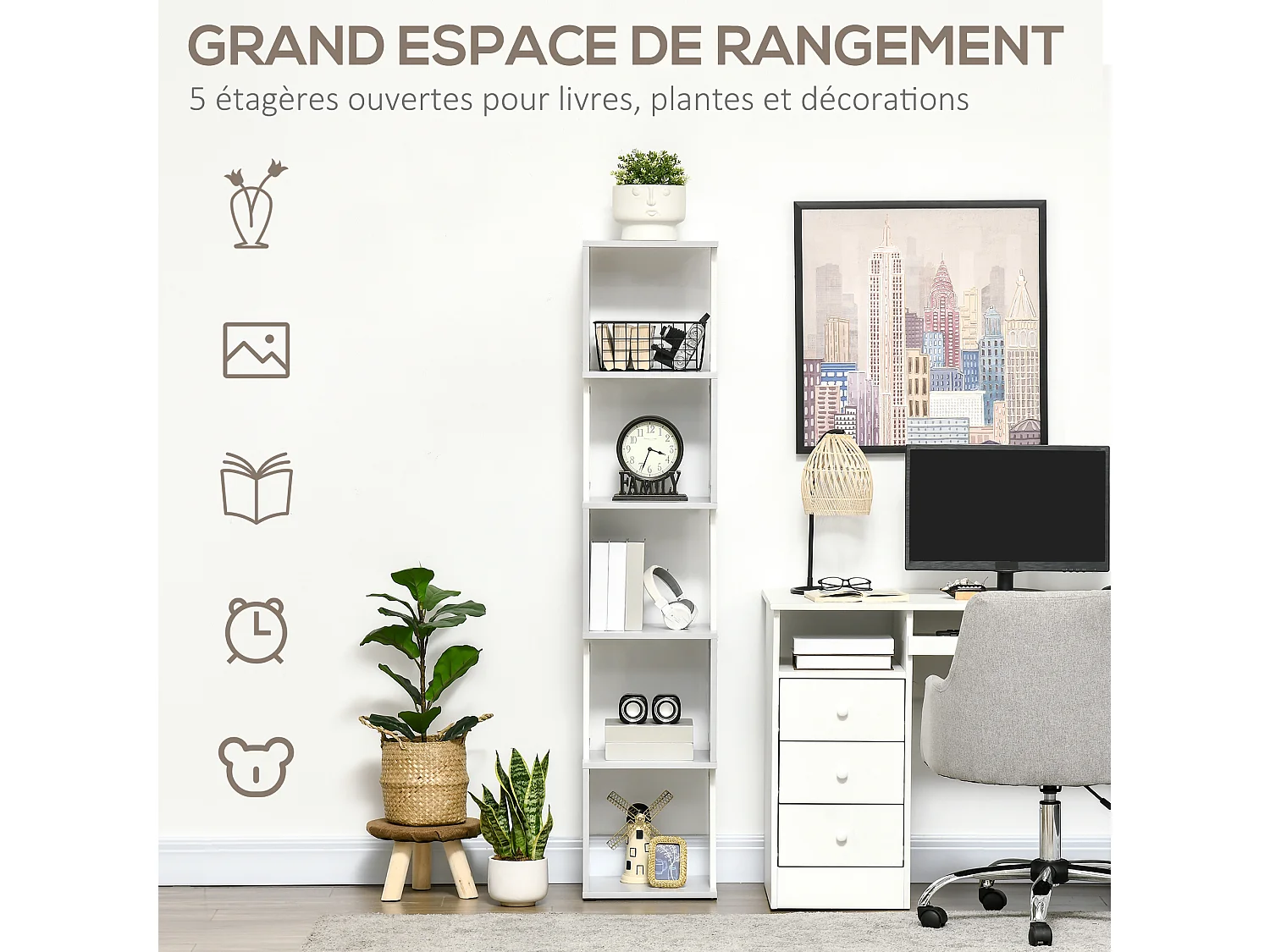 Bibliothèque étagère design zig zag 5 niveaux dim. 33 x 28 x 161 cm blanc gris clair