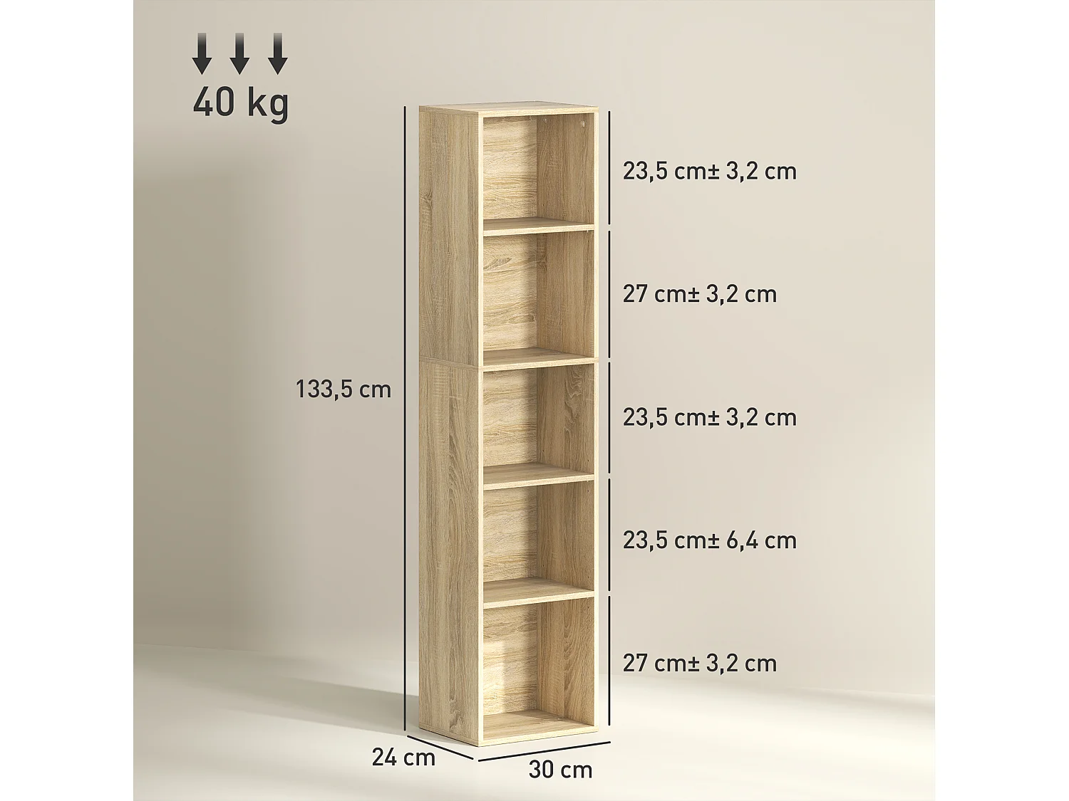 Étagère cube colonne - bibliothèque - rangement 5 compartiments - dim. 30 x 24 x 133 cm - effet bois naturel