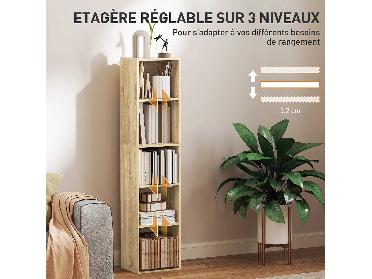 Étagère cube colonne - bibliothèque - rangement 5 compartiments - dim. 30 x 24 x 133 cm - effet bois naturel