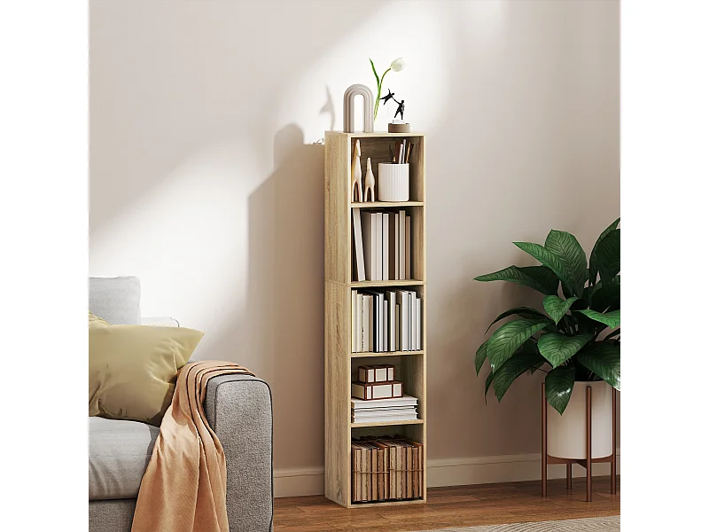 Étagère cube colonne - bibliothèque - rangement 5 compartiments - dim. 30 x 24 x 133 cm - effet bois naturel