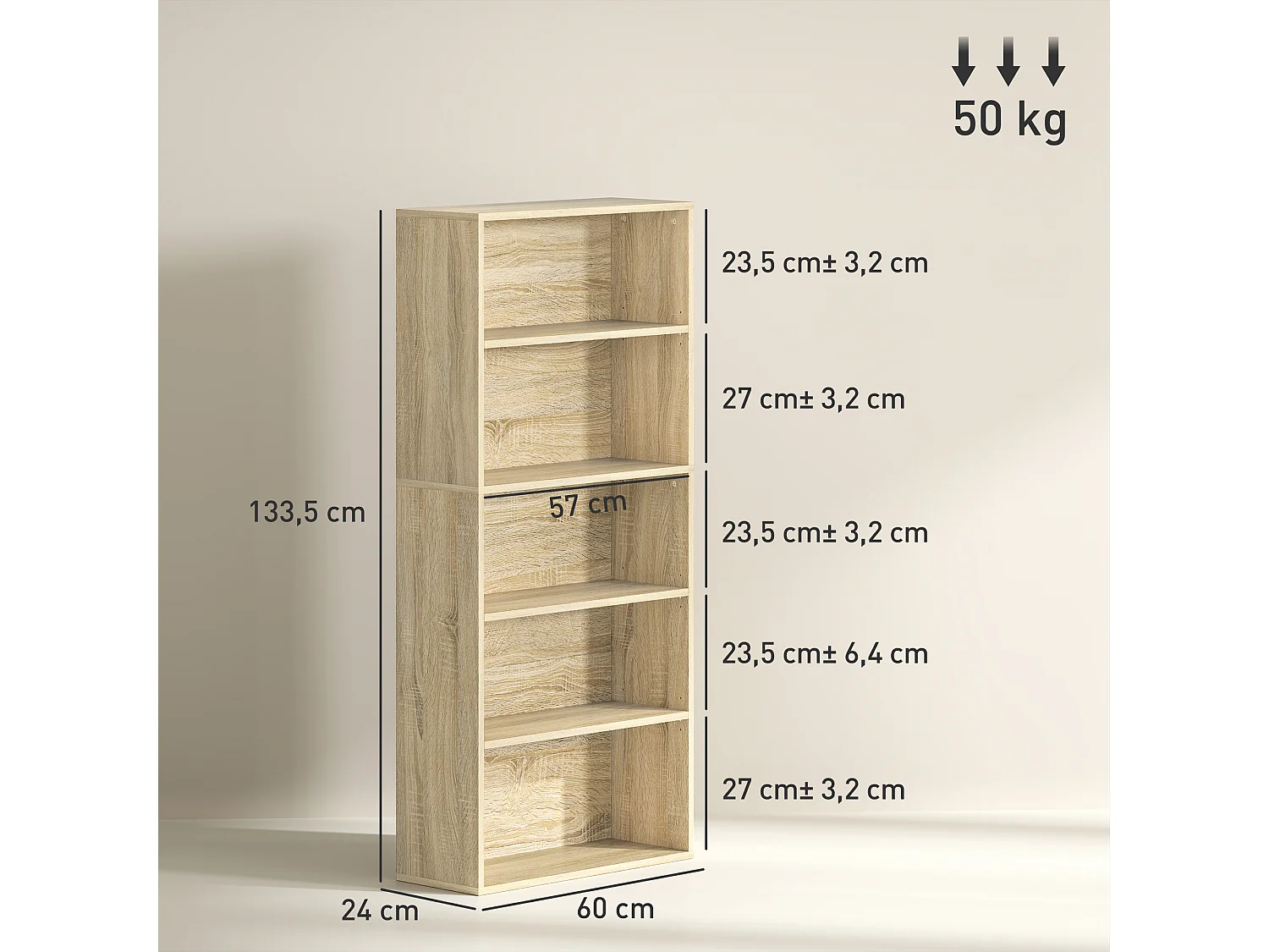 Étagère cube colonne - bibliothèque - rangement 5 compartiments - dim. 60 x 24 x 133 cm - effet bois naturel