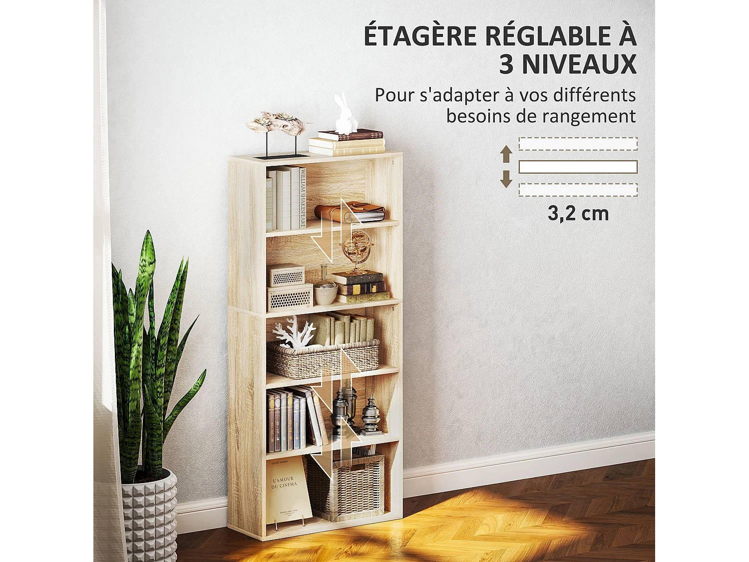 Étagère cube colonne - bibliothèque - rangement 5 compartiments - dim. 60 x 24 x 133 cm - effet bois naturel