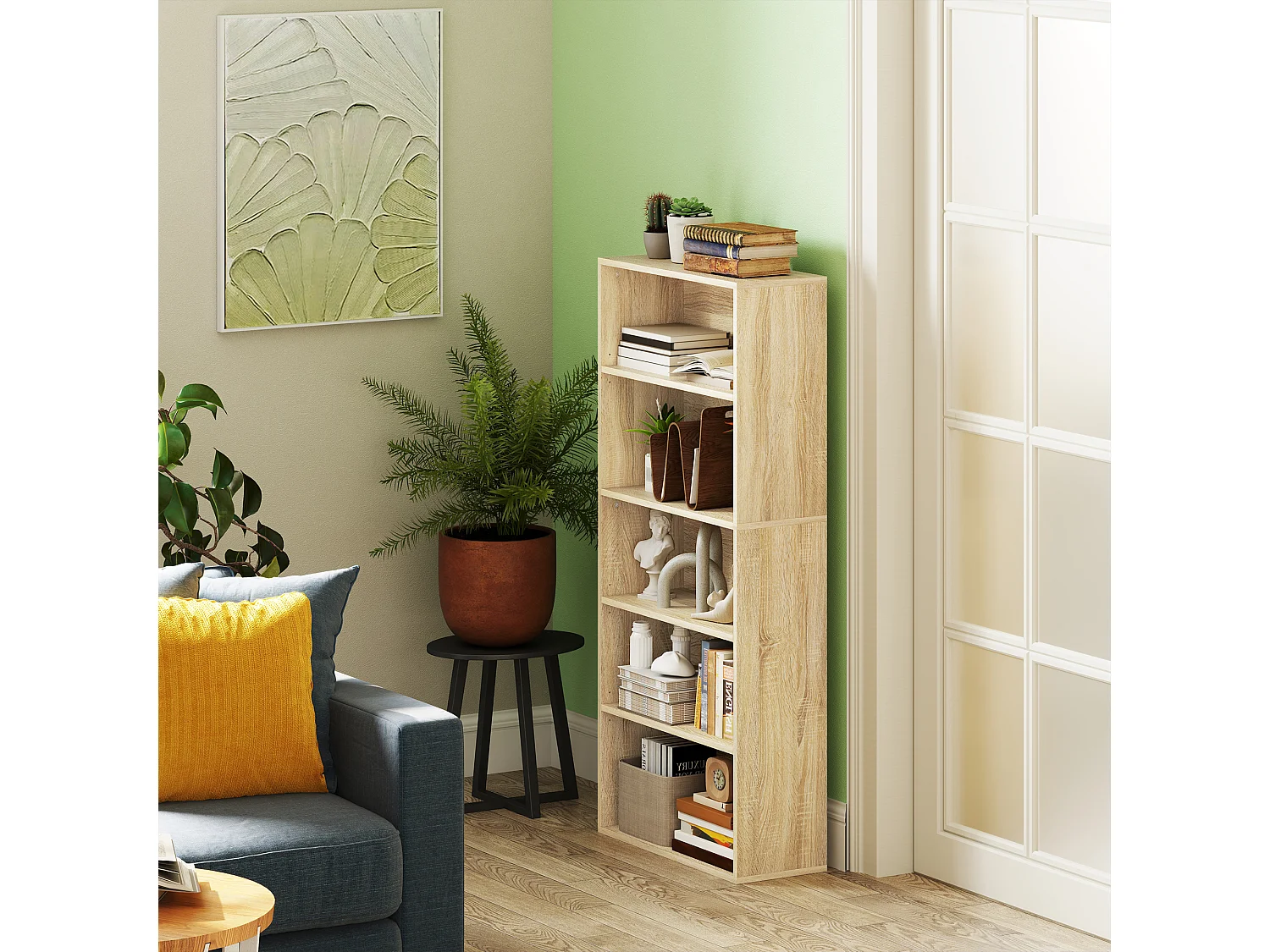 Étagère cube colonne - bibliothèque - rangement 5 compartiments - dim. 60 x 24 x 133 cm - effet bois naturel