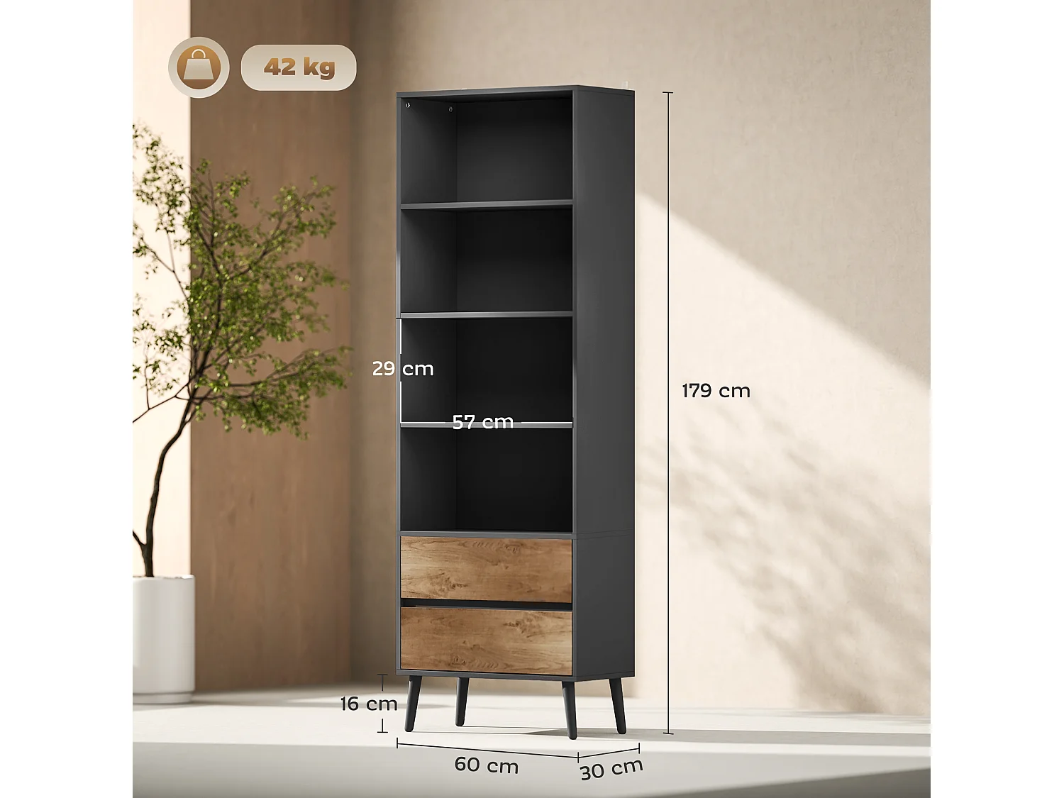 Bibliothèque sur pieds 4  étagères 2 tiroirs coulissants dim. 60 x 30 x 179 cm gris charbon effet bois