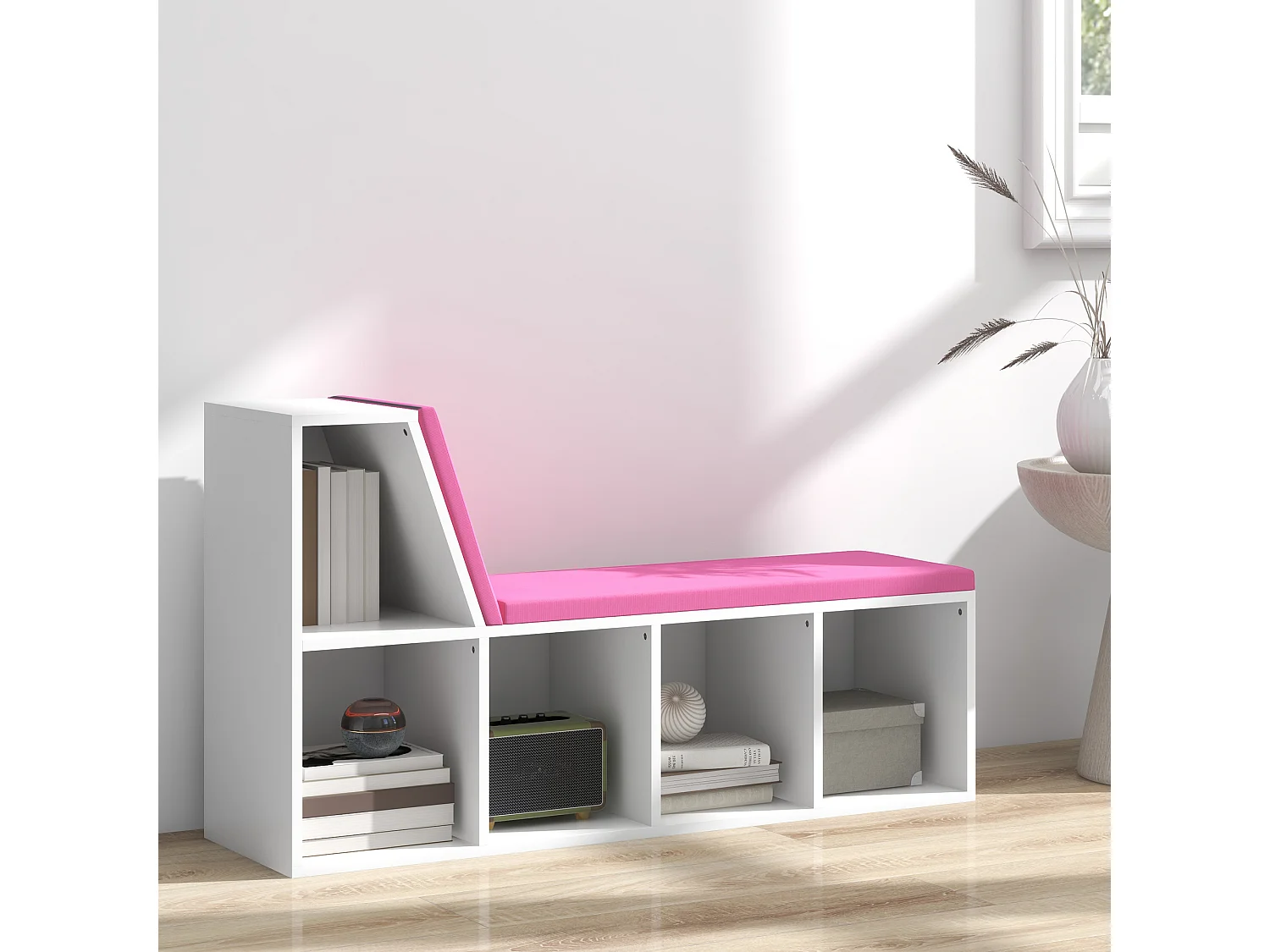 Bibliothèque banc 2 en 1 design contemporain 5 casiers 2 coussins fournis 108L x 30l x 60H cm blanc rose