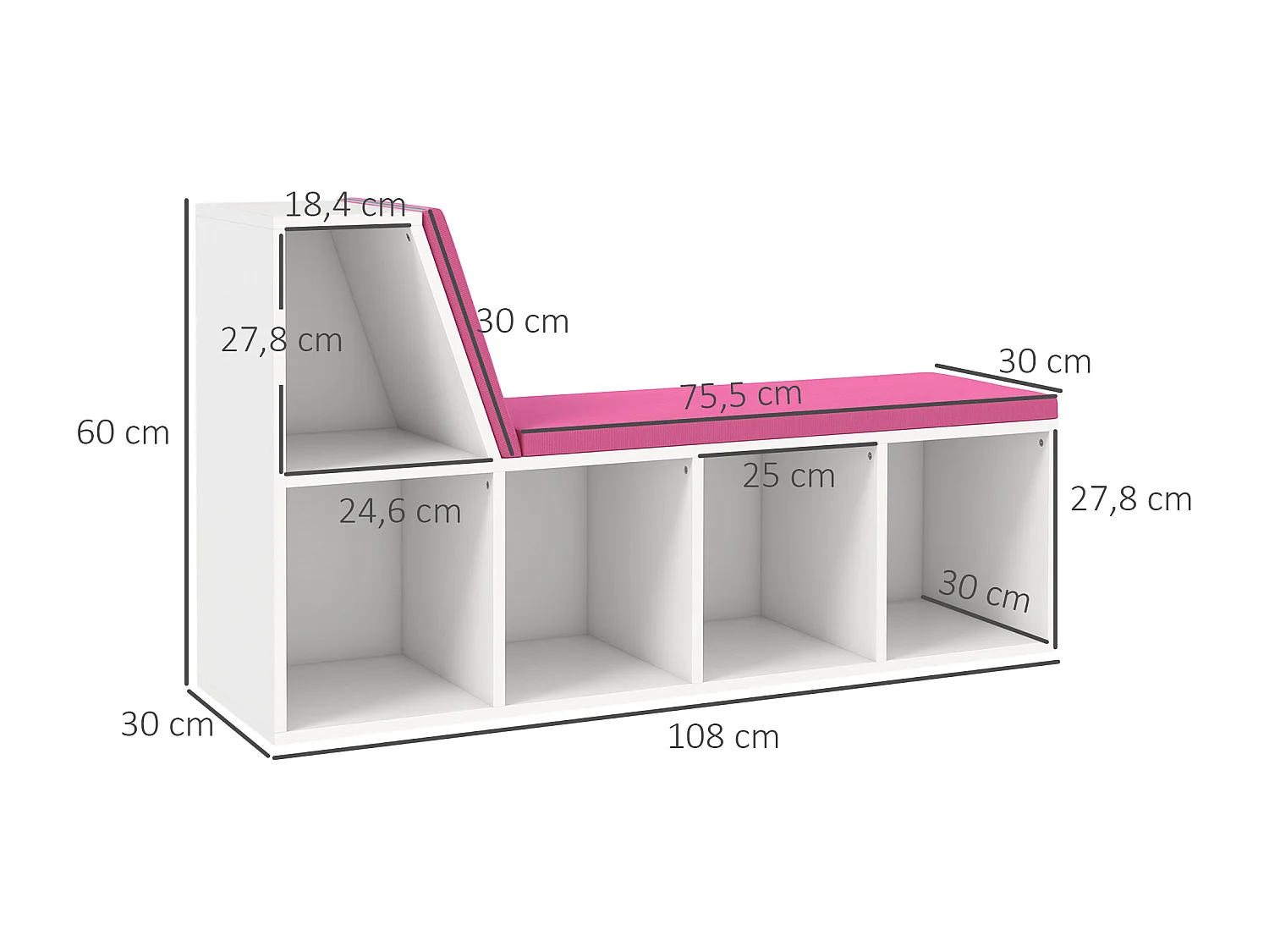 Bibliothèque banc 2 en 1 design contemporain 5 casiers 2 coussins fournis 108L x 30l x 60H cm blanc rose