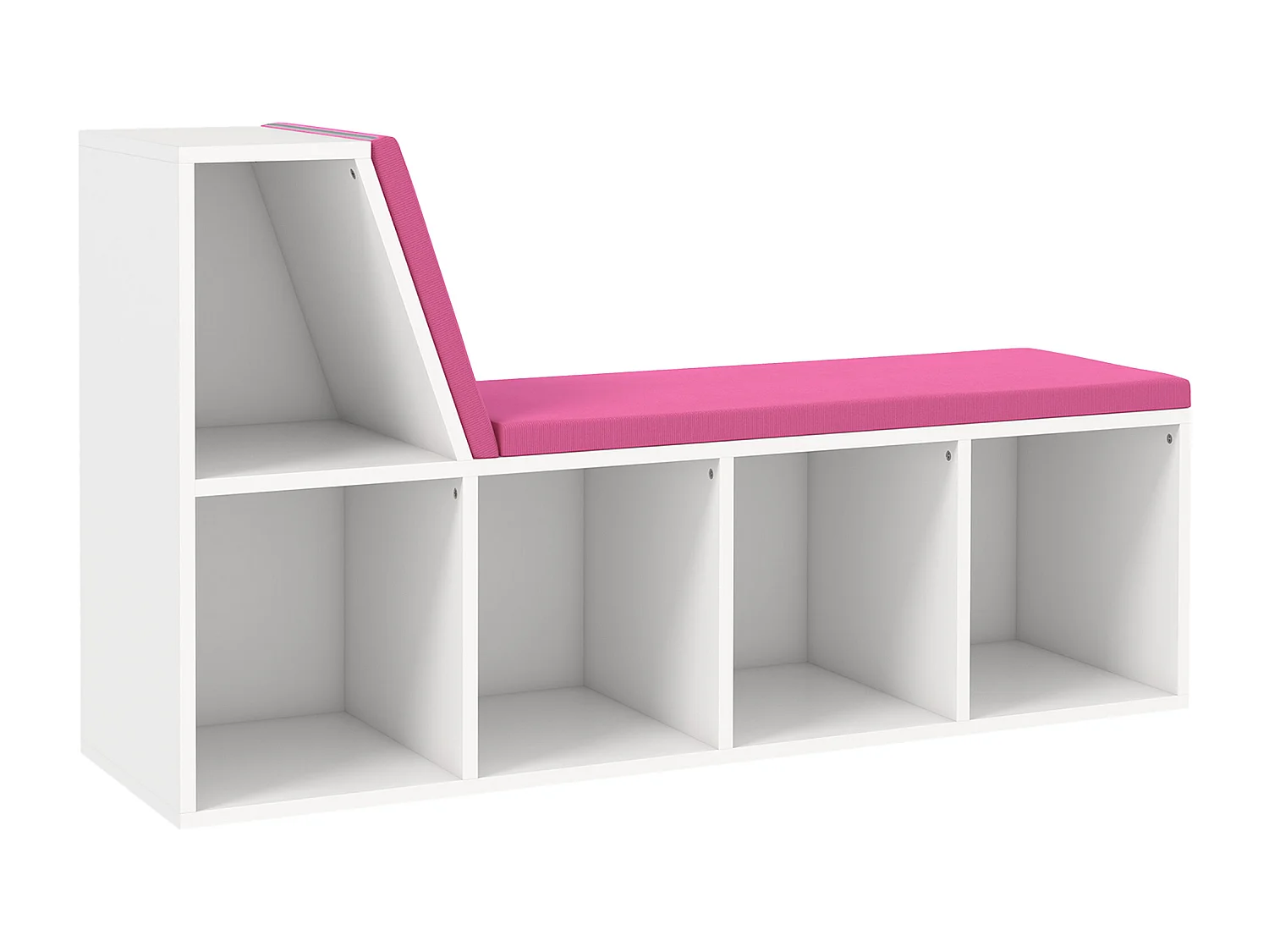 Bibliothèque banc 2 en 1 design contemporain 5 casiers 2 coussins fournis 108L x 30l x 60H cm blanc rose