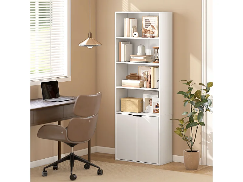 Bibliothèque 4 étagères armoire 2 portes dim. 59 x 29 x 180 cm blanc